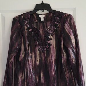 Chico's sheer top, Size 0 with hues of purple, black and beige